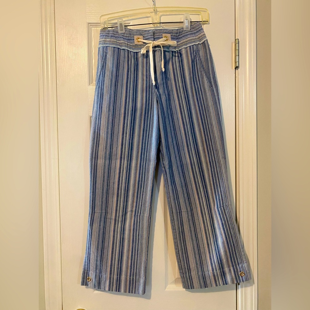 NWT ST. JOHN sport blue stripe cropped split leg hem pants US 2
